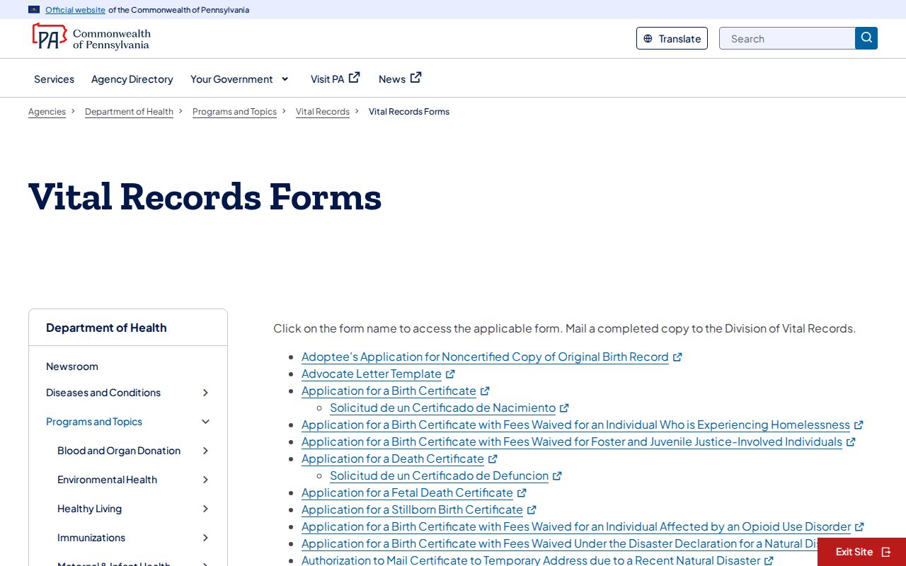 Carlisle resident lookup Pennsylvania vital records forms